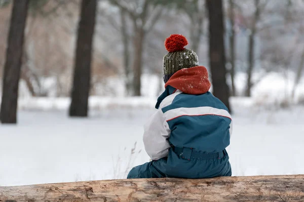 Boy Sits Log Looks Snow Covered Forest Child Wearing Funny — Φωτογραφία Αρχείου