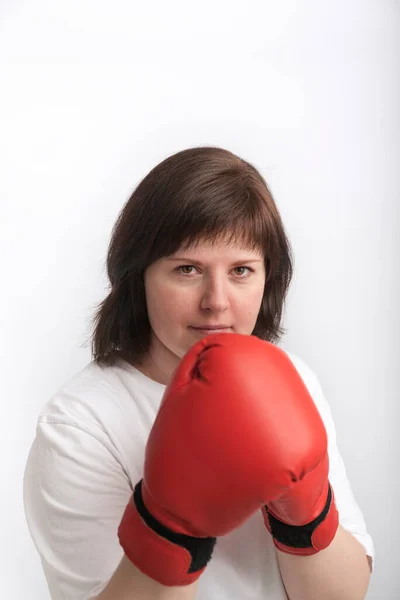 Portrait Cheerful Young Woman Red Boxing Gloves Female Boxer White — Stok fotoğraf