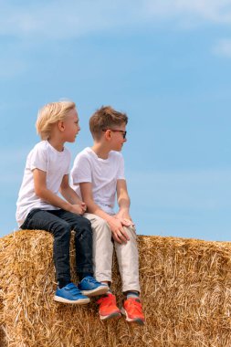 Mutlu çocuklar yazın samanlıkta güneşleniyorlar. İki arkadaş mavi arka planda hasat sonrası saman balyalarında oturuyorlar. Dikey çerçeve.