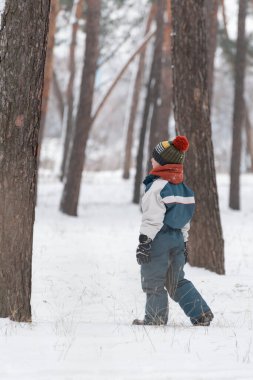 Örgü şapkalı ve kışlık tulumlu çocuk kış ormanı arka planında duruyor. Çocuk karlı yollarda yürüyor.. 