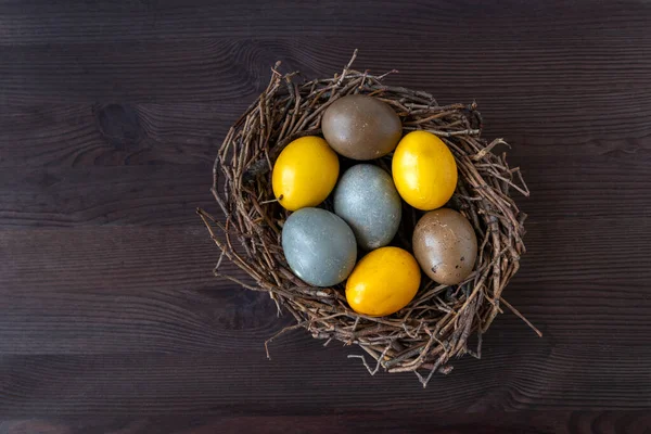 Huevos Pascua Multicolores Aves Anidan Mesa Madera Vista Superior Feliz —  Fotos de Stock