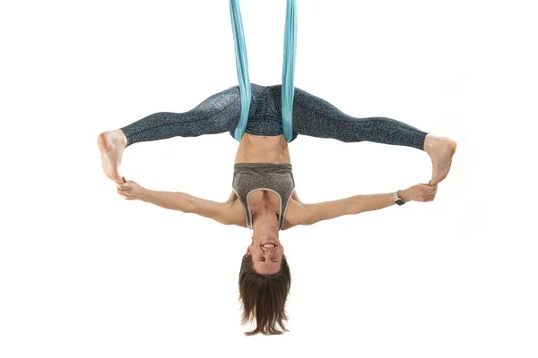 Fun Girl Hangs Upside Sports Hammock Inverted Asana Aerial Gymnastics — Stock Photo, Image