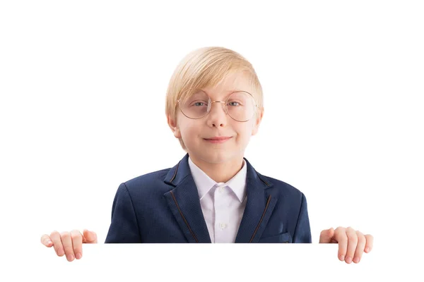 Smiling Boy Empty White Paper Board Laughs Cute Blond Boy — стоковое фото
