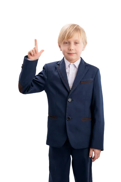 Portrait Blond Schoolboy School Uniform Finger Raised Serious Student Isolated — стоковое фото