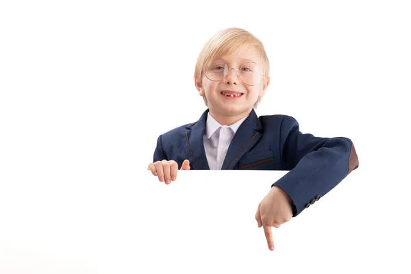 Boy School Uniform Large Glasses Blank White Poster Board Peeking — стоковое фото