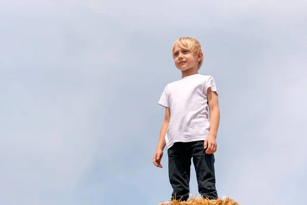 Fair Haired Boy Teenager White Shirt Blue Sky Background Bottom — 스톡 사진
