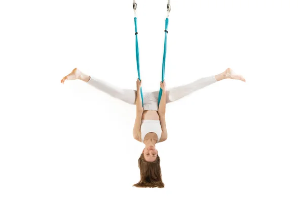Woman Practices Fly Yoga Hanging Upside Sports Hammock Isolation White — Stock fotografie
