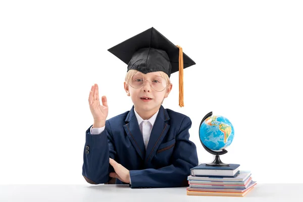 Schoolboy School Uniform Large Glasses Student Hat Sits Tables His — Zdjęcie stockowe