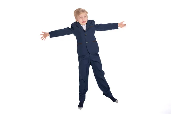 Niño Ocho Años Con Uniforme Escolar Extendió Los Brazos Hacia — Foto de Stock