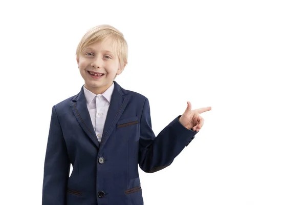 Blond Boy Years Old School Uniform Points His Finger Side — Fotografia de Stock