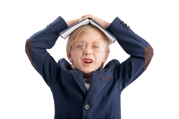 Upset Dissatisfied Schoolboy Book His Head Isolated White Background Portrait — Stock Photo, Image