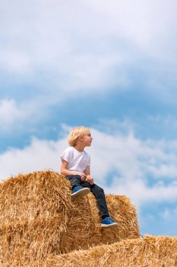 Beyaz tişörtlü tatlı sarışın çocuk samanlıkta oturuyor ve uzaklığa bakıyor.