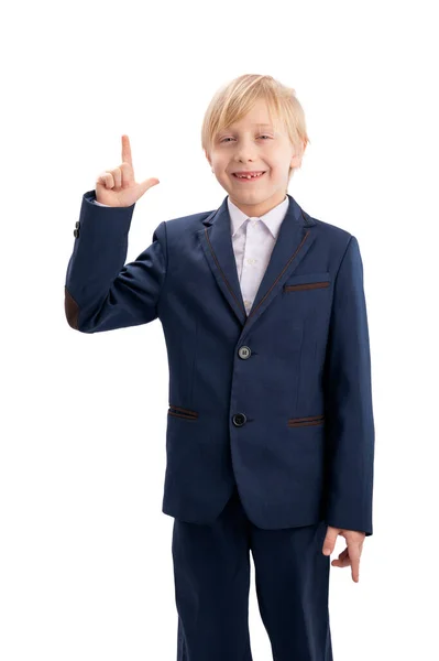 Portrait Blond Boy School Uniform Hand Raised Isolated White Background — Photo