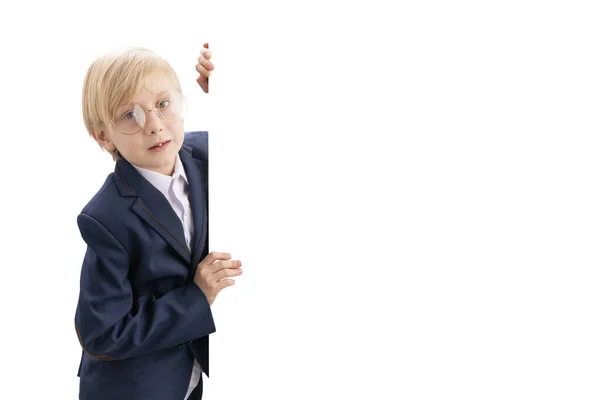 Portrait Blond Little Boy White Blank Background Boy Glasses Peeking — Fotografia de Stock