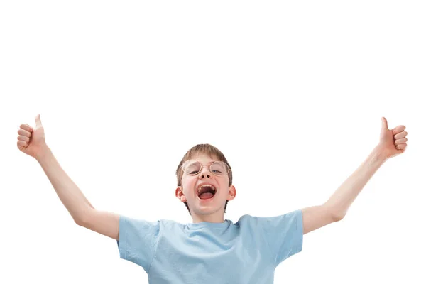 Cheerful Teenage Boy Glasses Raised His Hands Points Thumbs Portrait — Stockfoto