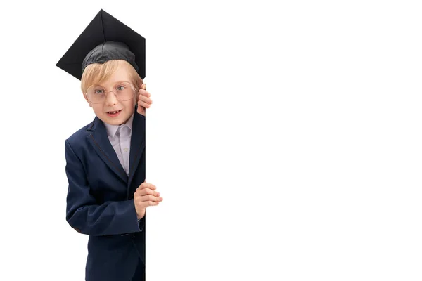 Boy School Uniform Students Hat Peeks Out Portrait Schoolboy Isolation — Zdjęcie stockowe