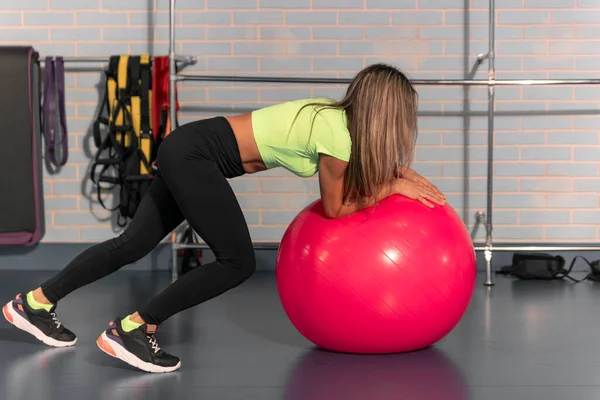 Young Girl Works Out Gym Pilates Ball Woman Trains Abdominal — Stockfoto