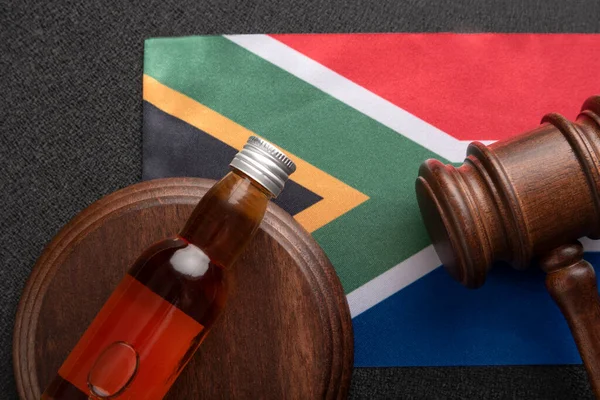 Bottle Alcohol Wooden Gavel Symbol Law Flag South Africa Alcohol — Fotografia de Stock