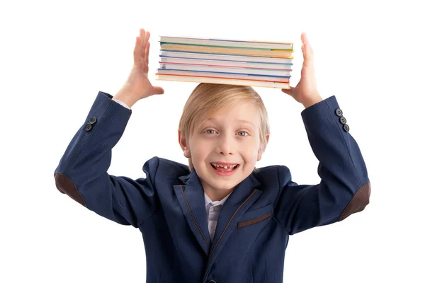 Seven Year Old Blond Boy School Uniform Holds Stack Notebooks — Zdjęcie stockowe