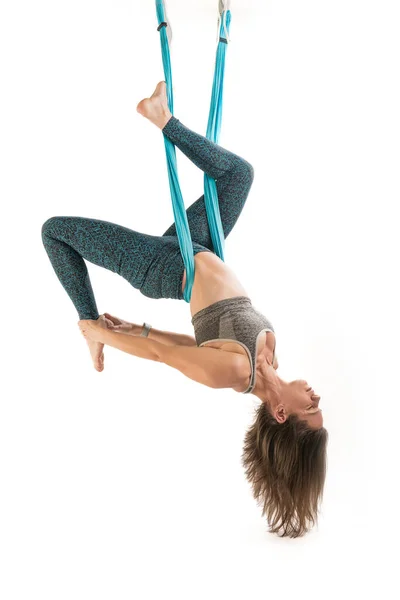 Sport Healthy Young Woman Practicing Fly Yoga Hammock Portrait Girl — Stockfoto