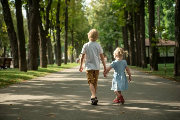 Older Brother Holds His Sister Hand Walks Alley Park Little — 스톡 사진