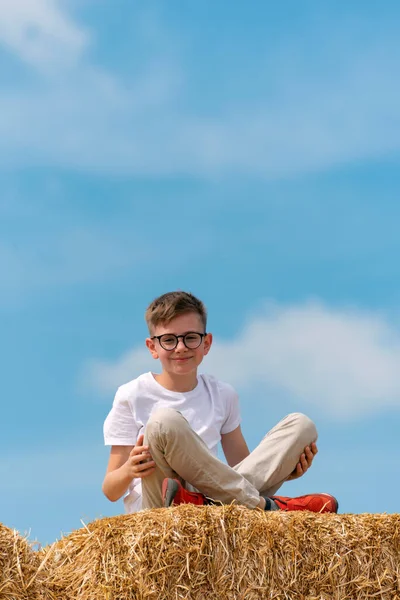 Niño Feliz Con Gafas Sentado Paca Heno Fondo Azul Del — Foto de Stock