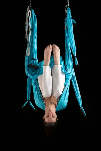 Young Woman Practices Fly Yoga Hammocks Hangs Upside Portrait Fly — стоковое фото