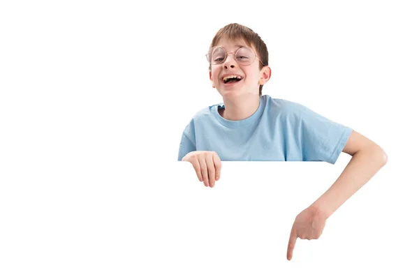 Happy Smiling Boy Large Glasses Points His Finger Empty Space — Stockfoto