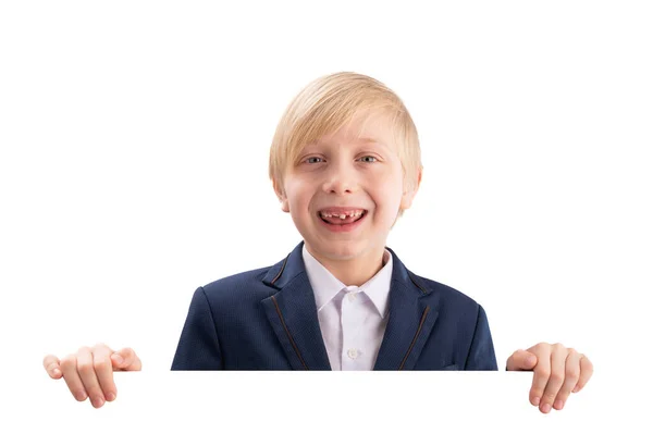 Cheerful Friendly Blond Boy Peeking White Backdrop Schoolboy Advertising Your — Fotografia de Stock