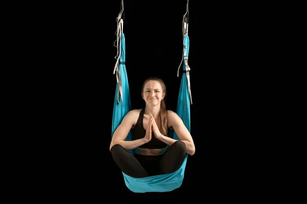 Adult Woman Practices Gravity Yoga Positions Aerial Flying Yoga Exercises — Stock fotografie