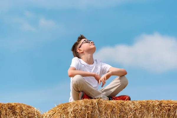 Gelukkige Tiener Jongen Zit Hooiberg Tegen Blauwe Lucht Kind Geniet — Stockfoto