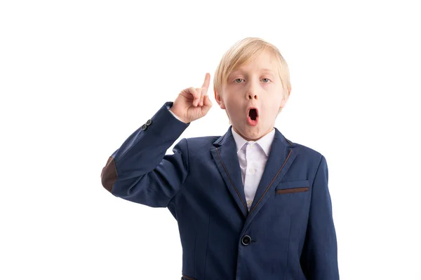 Portrait Schoolboy Have Good Idea Raised Index Finger Surprised Boy — Stock Photo, Image