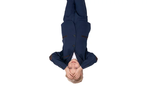 Colegial Cansado Puso Las Manos Frente Retrato Niño Con Uniforme — Foto de Stock