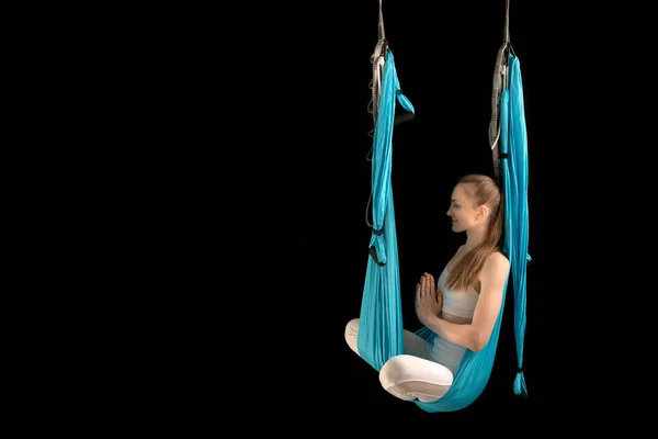 Young Woman Meditates Sitting Lotus Position Sports Hammock Gravity Yoga — Stock Photo, Image