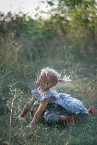 Menina Criança Correu Caiu Grama Retrato Uma Criança Queda Movimento — Fotografia de Stock