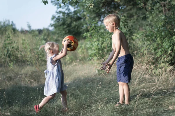 Little Brother Sister Play Ball Park Kids Play Siblings Have — Stock Photo, Image