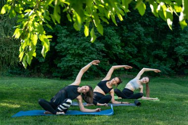 Dışarıda parkta yoga dersine katılan bir grup genç kadın. Kızlar dışarıda spor yapıyor. Gençlik ve spor konsepti.