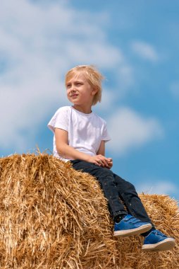 Beyaz tişörtlü ve kot pantolonlu küçük mutlu çocuk yaz günü samanlıkta oturur. Yaz tatili. Mesafeye bakıyorum.