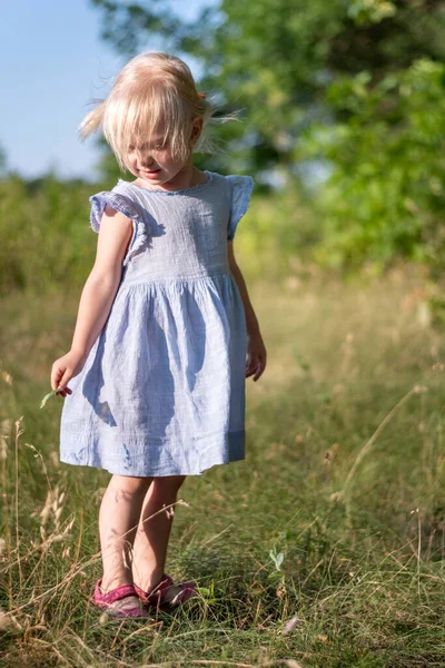 Fille Aux Cheveux Blonds Robe Soleil Bleue Dans Forêt Portrait — Photo