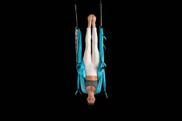 Young Woman Practice Fly Yoga Swing Hanging Upside Isolated Black — Stock Photo, Image