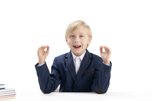 Blond Boy School Uniform Fools Laughs Fidget Boy Portrait Primary — Foto de Stock