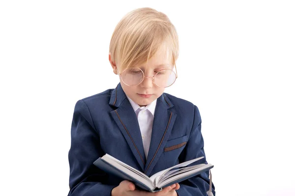 Blond Boy School Uniform Reads Textbook Schoolboy Big Glasses Looks — Fotografia de Stock