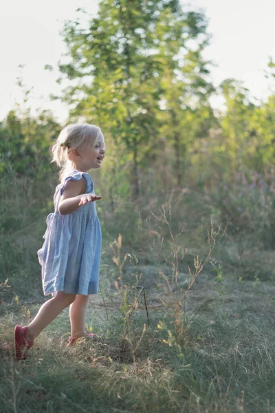 Веселая Маленькая Девочка Синем Сарафане Фоне Парка Милая Весёлая Блондинка — стоковое фото