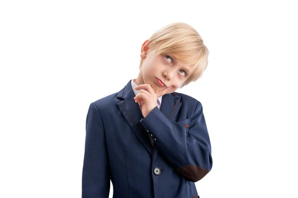 Blond Boy School Uniform Thinking Something Portrait Primary School Student — Stok fotoğraf