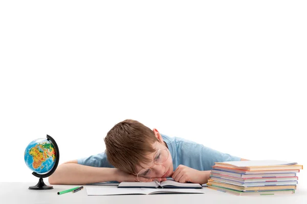 Schoolboy Tired Does Want Homework Teenage Boy Put Head Table — Zdjęcie stockowe