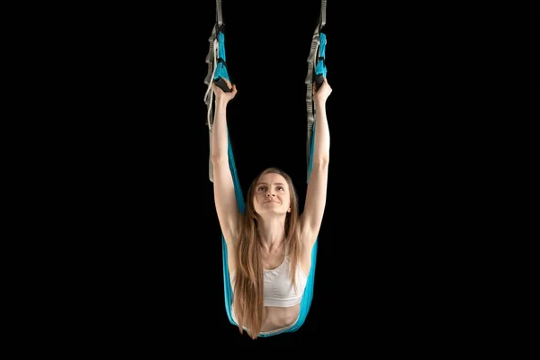 Young Woman Practice Aero Stretching Swing Blue Hammock Aerial Flying — Stockfoto
