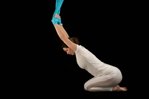 Young Fitness Woman Doing Stretching Using Hanging Bindings Isolated Black — Stock Fotó