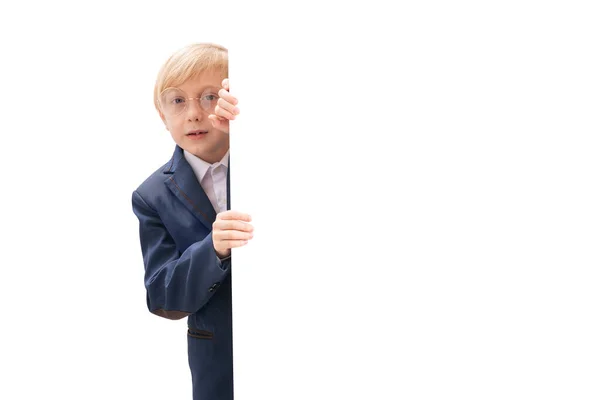 Portrait Blond Little Boy White Blank Isolated White Background Boy — Fotografia de Stock