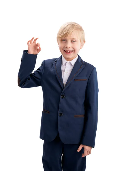 Smiling Boy School Uniform Shows Gesture Makes Happy Face Schoolboy — стоковое фото