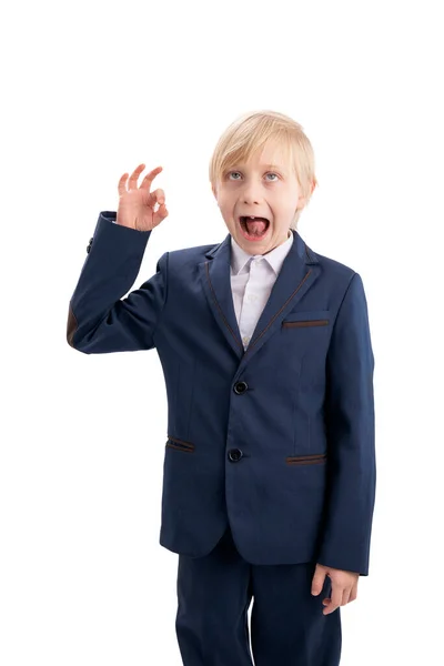 Boy School Uniform Shows Gesture Makes Funny Face Schoolboy Fooling — Fotografia de Stock